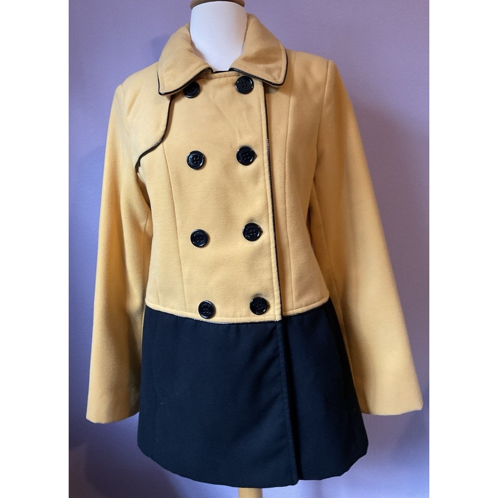 Steve Madden Heavyweight Pea Coat Medium Yellow‎ Black Collared Peplum